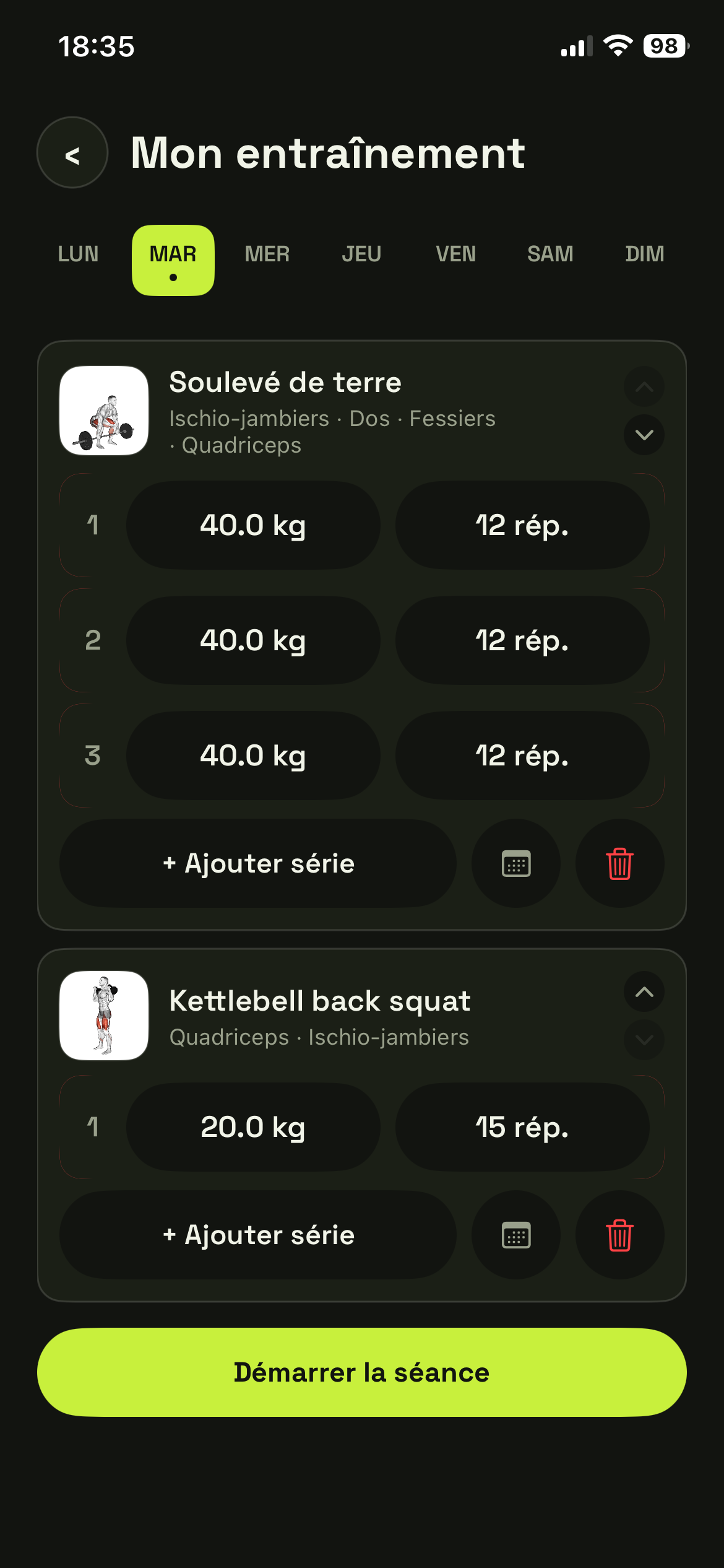 Carnet d'entraînement du jour dans GearGo