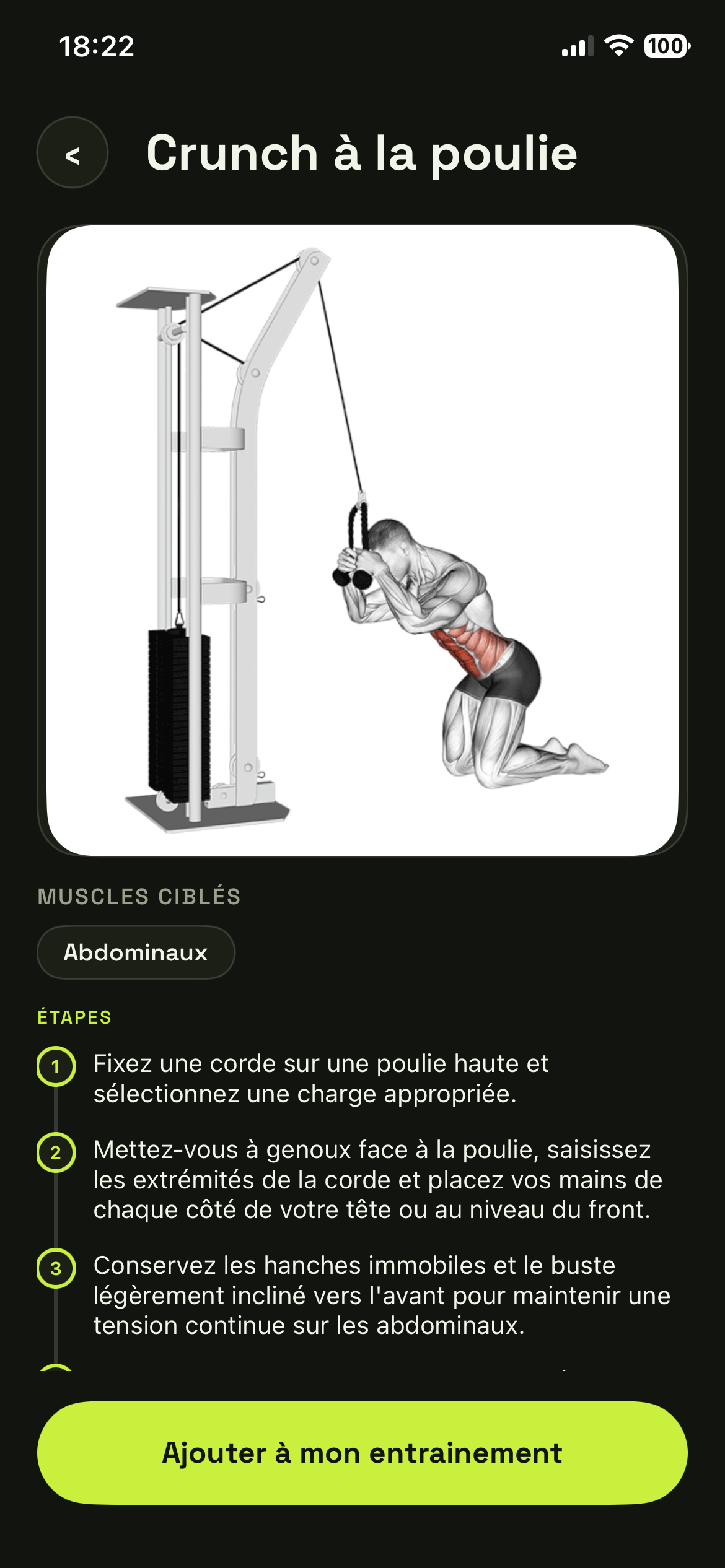 Détail d'un exercice avec étapes à suivre dans GearGo