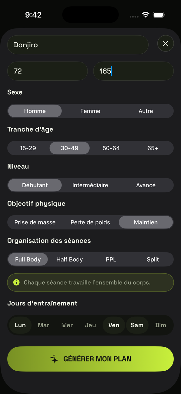 Formulaire du planning IA : sexe, tranche d'âge, niveau, objectif, organisation des séances et jours d'entraînement