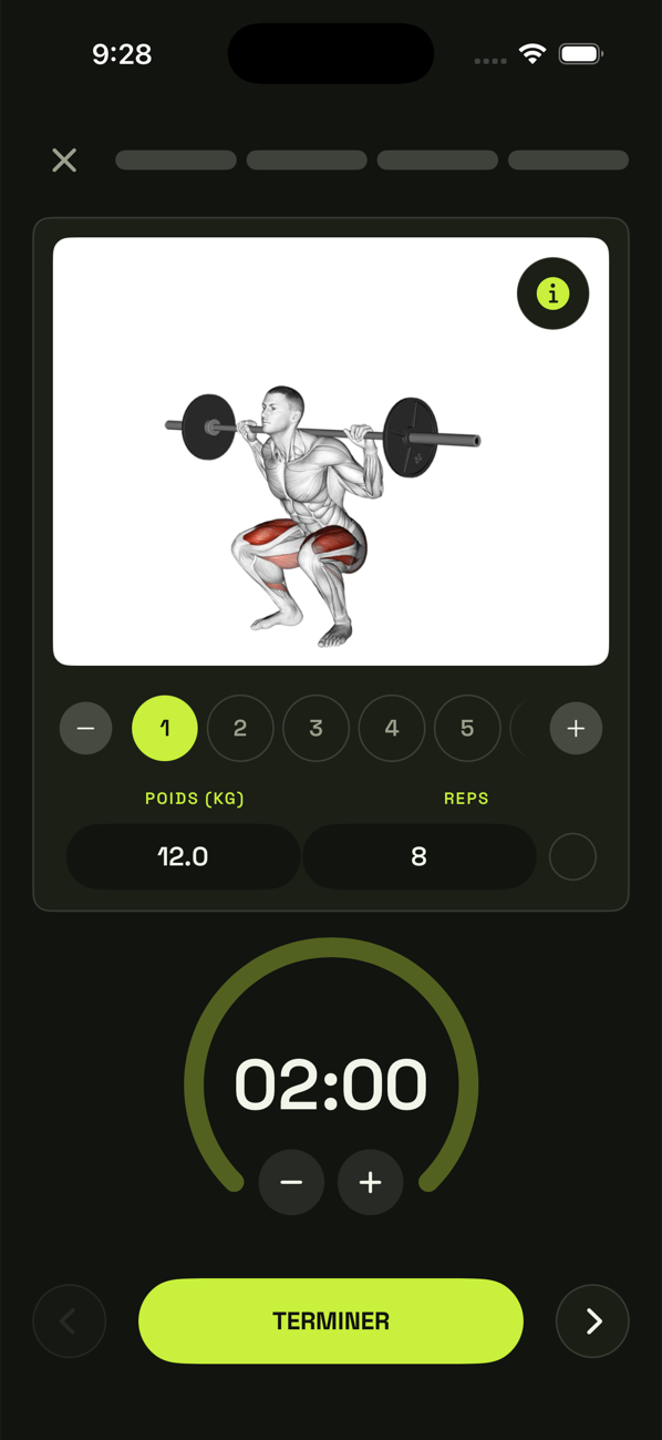 Séance de squat en cours avec minuteur de repos