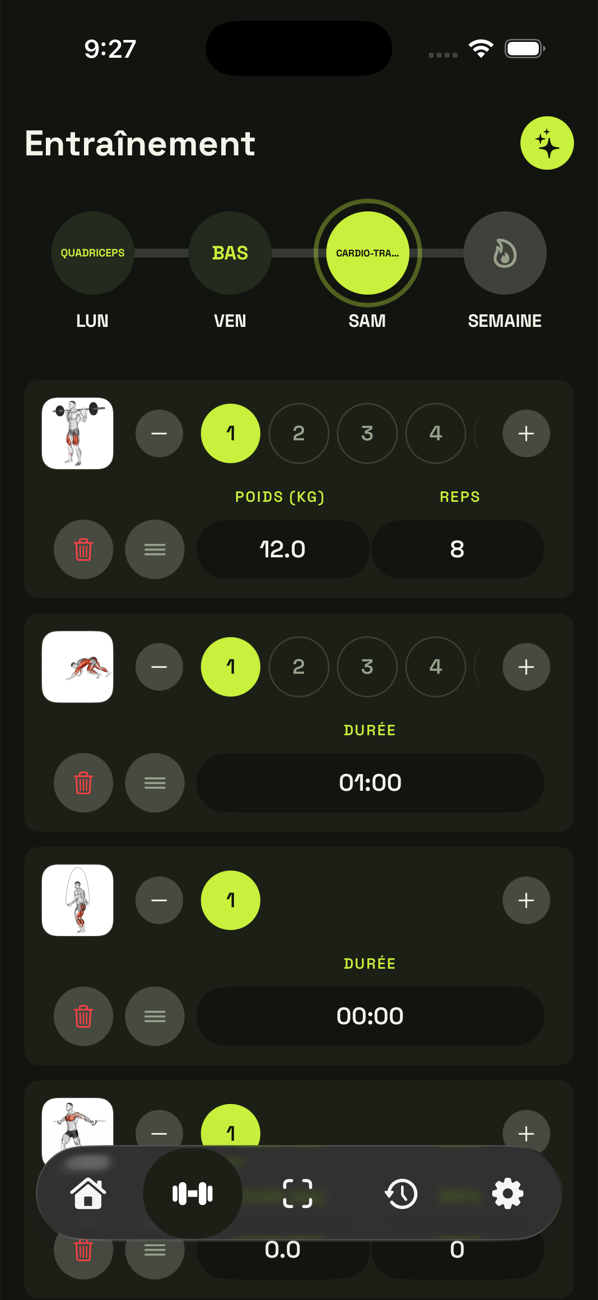 Entraînement du jour avec le planning de la semaine
